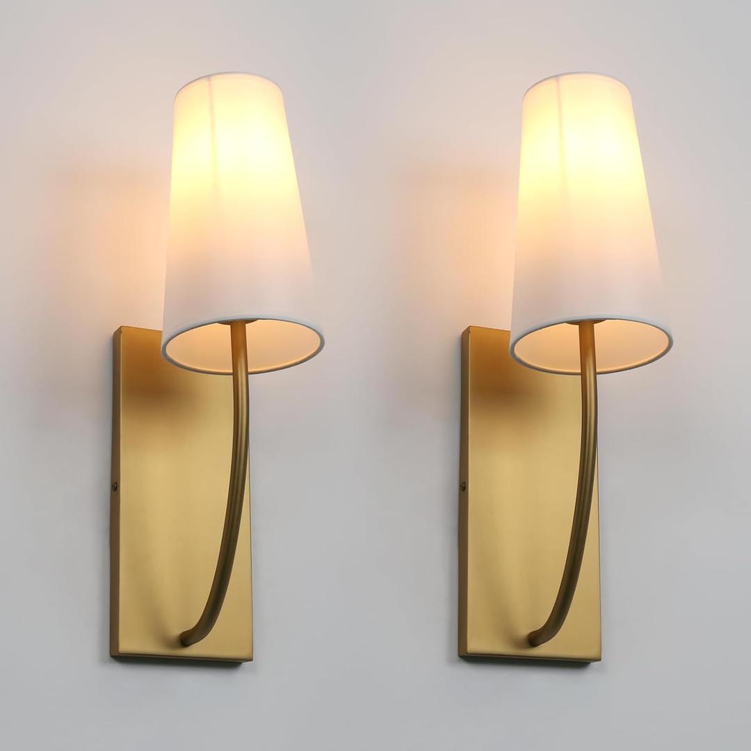 Yosoan Set of 2 Antique Brass Fabric Wall Sconce Bedside Indoor Light, Boho Modern Vintage Industrial Vanity Fixture, White Long Cone Fabric Shade for Bedroom Living Room Corridor Hallway Home Decor