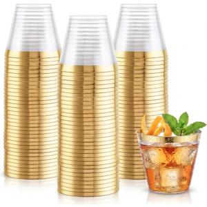 Hioasis 200Pcs 9OZ Clear Cups - Plastic Disposable Cups with Gold Trim, Heavy Duty & BPA-free for Party, Wedding, Reception, 9oz_200Pack (EXP 12/31/36)