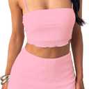 Two Piece Mini Skirt Set Women Plisse Crop Top Summer Outfit Pink M (M)