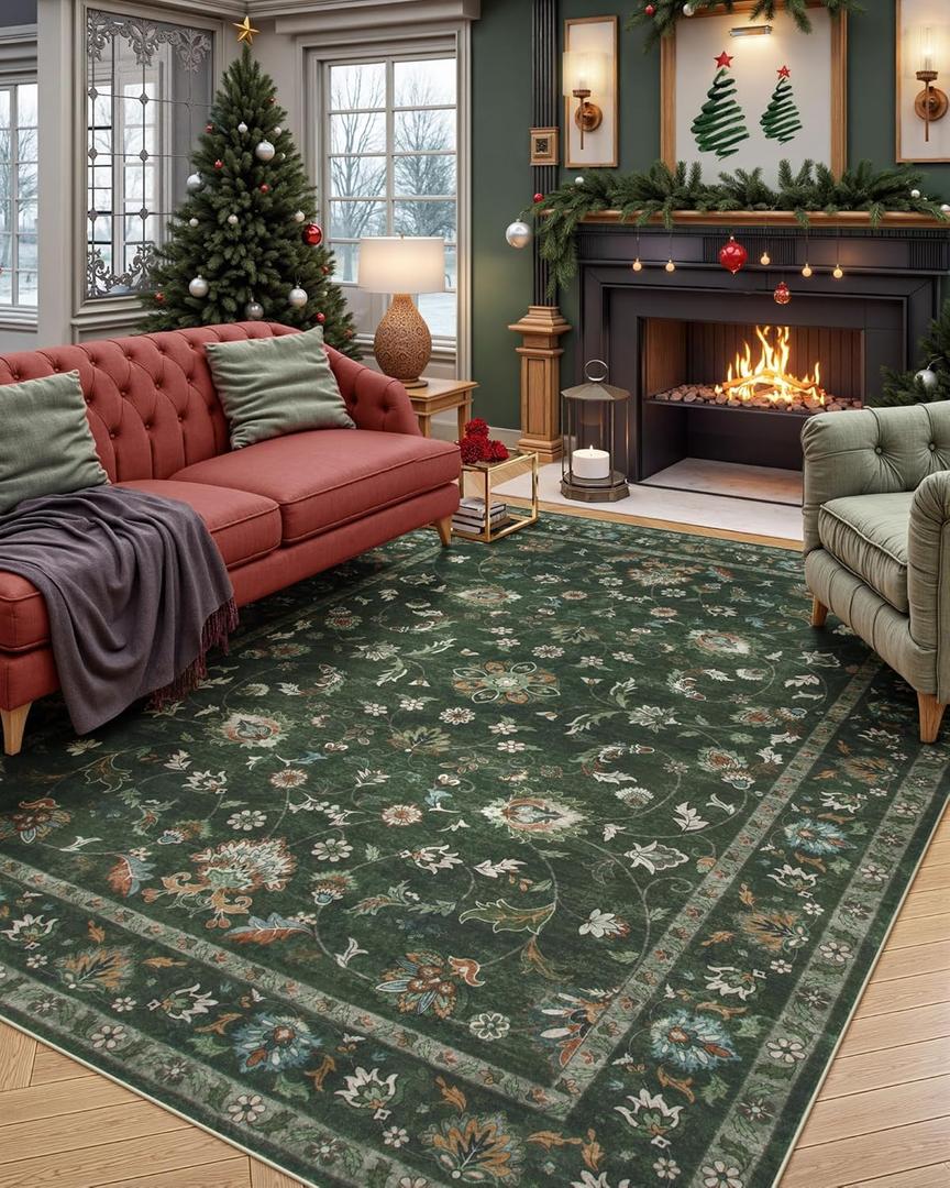 Wonnitar Green 8x10 Rugs for Living Room Floral Rug, Low Pile Vintage Boho Large Rug, Non Slip Stain Resistant Christmas Rugs for Bedroom Dining Room Home Office Department,(Green,8x10)