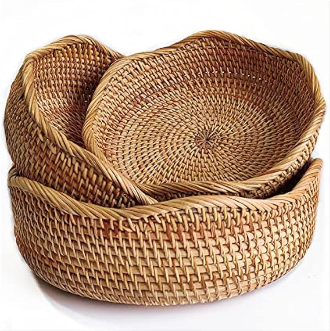 YANGQIHOME Rattan Bread Basket, Round Fruit Baskets, Wicker Storage Bowls, Natural Woven Serving Basket Bowls, Decorative Baskets for Kitchen Counter Organizing, Set of 3