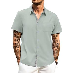 HUNGSON Men's Button Down Shirts Short Sleeve Casual Shirts Summer Beach with Pocket (Large, Army Green2025)