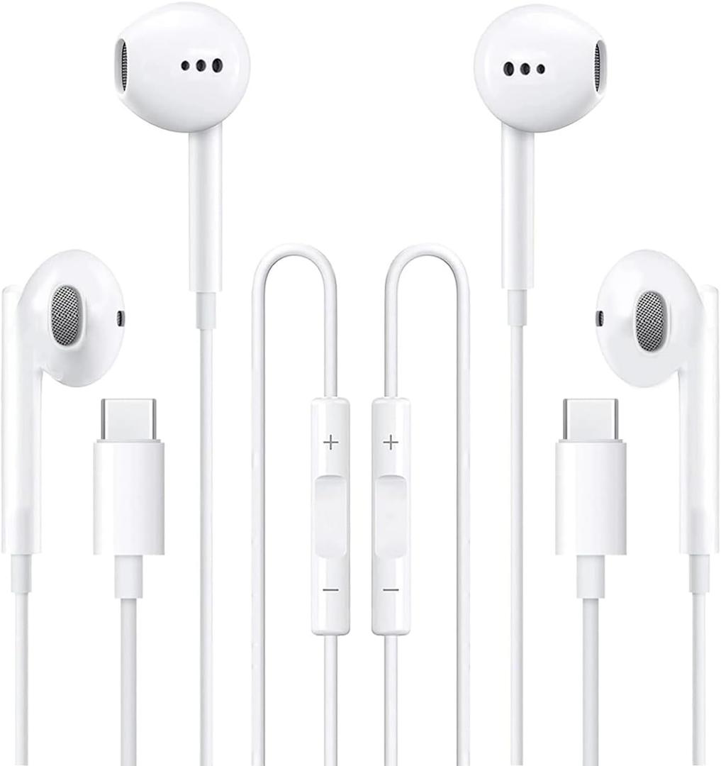 2 Pack USB C Headphones for iPhone 15 Earbuds Type C Wired Earphones with Mic & Remote Control Noise Cancelling for iPhone 16 pro, iPad Pro, Galaxy S23/S22/S21/S20/Ultra Note 10/20, Pixel 7/6/6a/5/4