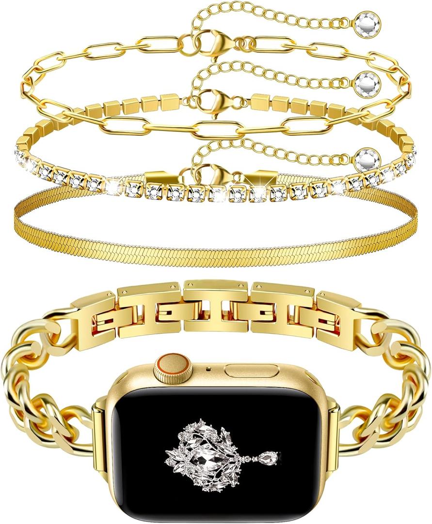 Slim Golden Band and 3Pcs 14k Golden Bracelet Set Women Feminine Elegant Compatible with Apple Watch 38/40/41/42mm(S10/11) Adjustable Metal Dressy Strap for iWatch Series 11/10/9/8/7/6/5/4/SE/3/2/1