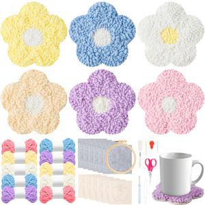 WATINC Flower Punch Needle Coaster Kit - 22Pcs Crafts Punch Needle Coasters Kits for Beginners, Flower Pattern Coaster Tufted Rug Pads with Adhesive Felt Yarns Embroidery Hoop Instruction (Macaron)