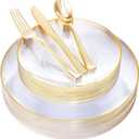Nervure 125PCS Clear Gold Plastic Plates - Clear Plastic Plates with Gold Rim Include 25 Dinner Plate, 25 Dessert Plate, 25 Forks, 25 Knives, 25 Spoons for Wedding & Party & Thanksgiving