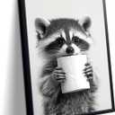 XYHYRA Bathroom Wall Art, Cute Black and White Raccoon Canvas Prints Poster, Funny Animal Decor Oil Painting, Modern Farmhouse Picture Artwork for Bathroom Toilet Wall Decor 8x10 Inch Framed