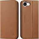 SHIELDON Wallet Case for iPhone 16e 6.1" 2025, Genuine Leather Flip Case Magnetic RFID Blocking Card Holder Kickstand Shockproof TPU Protective Cover Compatible with iPhone 16e 5G - Saddle Brown