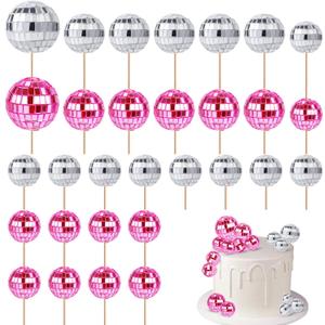 30 Pcs Disco Ball Cupcake Toppers, 70s Retro Cake Decorations with Stick Shiny Mini Disco Ball Picks Disco Theme Party Supplies for Dessert Birthday Decorations Ornament Small (Pink, Silver)
