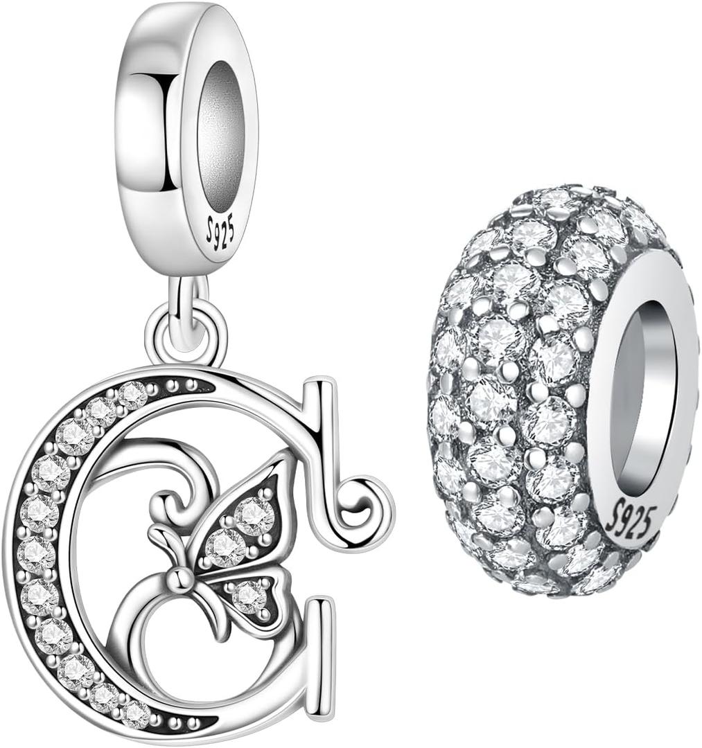 2 Pack 925 Sterling Silver Butterfly Letter Charms for Bracelets and Necklace Alphabet Initial Dangle Pendants Round Spacer Beads Pave Cubic Zirconia Jewelry Gift for Women