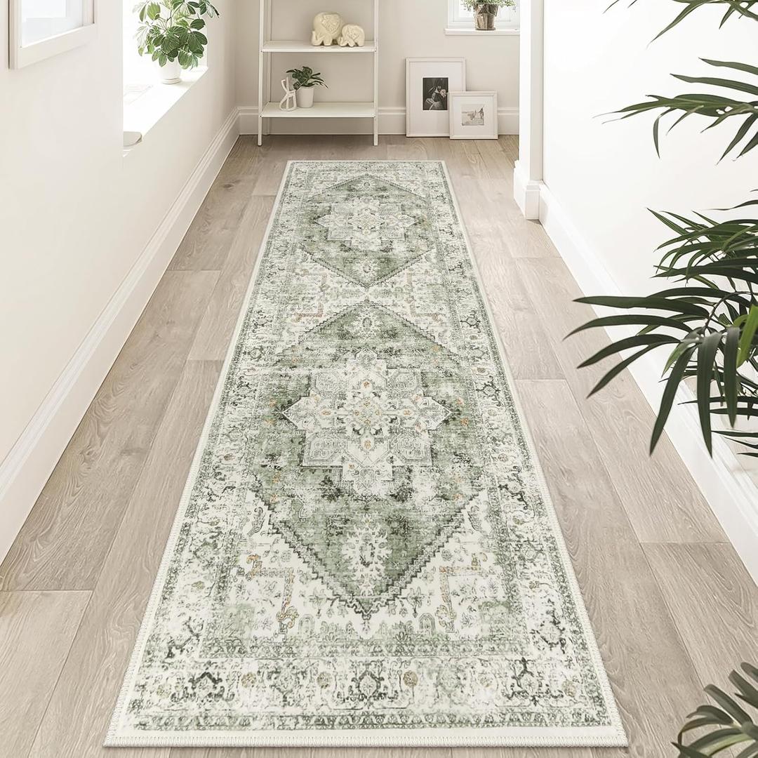 LIVEBOX Sage Green Runner Rug Non-Slip 2.5x8 - Oriental Bedroom Rugs Long Hallway Rugs for Home Decor, Low-Pile Vintage Carpet for Bathroom, Non-Slip Soft Carpet Throw Rug for Laundry Room