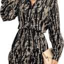 Floerns Women's Graphic Print Lantern Sleeve Button Shirt Dress Ruffle Hem Short Dress (Medium, Black Multi)