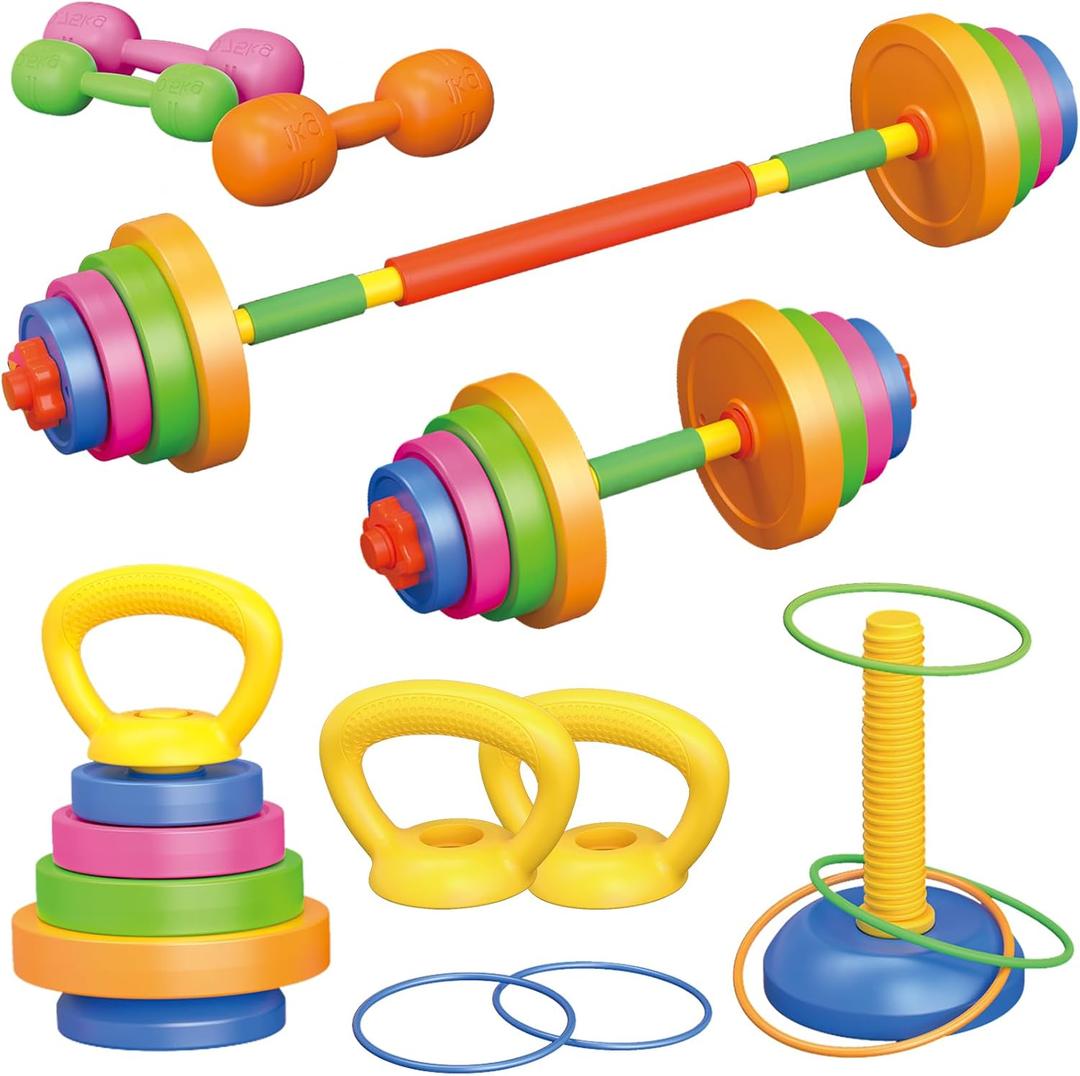 6-in-1 Kids Weight Set- Dumbbell, Barbell, Kettlebell, Ring. Adjustable Workout Equipment Toy for Children Pretend Kids Exercise Equipment, Toddler Weights Gym Workout Bench Set Gift for Baby Boy Girl