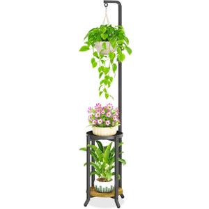 iDavosic.ly 2 Tier Hanging Plant Stand Indoor, Tall Vertical Corner Metal Flower Heavy Duty Pot Holder Shelf for Patio Porch Living Room, Modern Black & Rustic Brown - Round