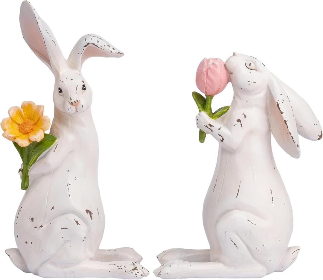 Valery Madelyn Easter Bunny Decorations for Home, Medium White Couple Rabbits Figurine Tabletop Decor, 2Pcs Cute Easter Gifts Resin Statues for Spring Holiday Indoor Party Table Centerpieces, 6"