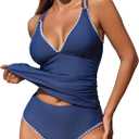 ZAFUL Womens Tankini Swimsuits V Neck Push Up Swim Top Color Block Tummy Control High Waisted Bathing Suits Swim Bottom (Small)