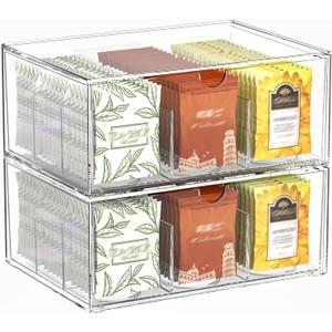 2 Pack Clear Tea Bag Organizer, Stackable Drawer Organizer with Dividers for Pantry Bathroom Vanity Kitchen - Cabinet Countertop Shelf Plastic Storage Bins for Coffee/Makeup/Cosmetic/Crafts/Jewelry