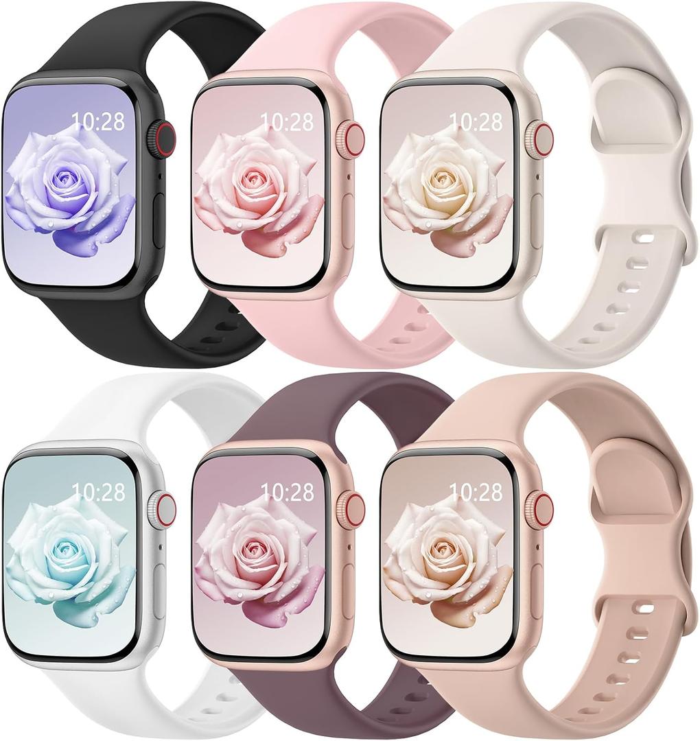 6 Pack Sport Bands Compatible with Apple Watch Bands 38mm 40mm 41mm 42mm 44mm 45mm 46mm 49mm for Women Men, Soft Wristband Silicone Sport Strap for iWatch Bands Series 11 10 9 8 7 6 5 4 3 2 1 Ultra SE (Black/ Pink Sand/ Starlight/ White/ Smoke Violet/ Milk Tea)