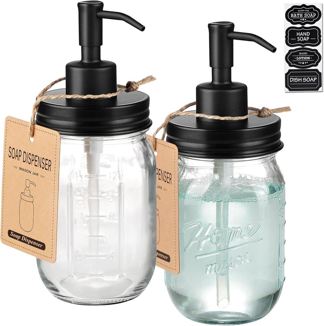 SheeChung 16 Oz Mason Jar Liquid Soap Dispenser, Glass Hand Soap Dispenser, Stainless Steel Pump Lid, Refillable Lotion Dispensers for Bathroom Countertop Kitchen (2, Black)