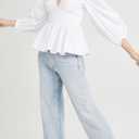 SUNNOW Women's Elegant Blouse Shirt with Plunging Double V-Neckline & Back Ties Puff Long Sleeves with Button Cuffs (White, L)