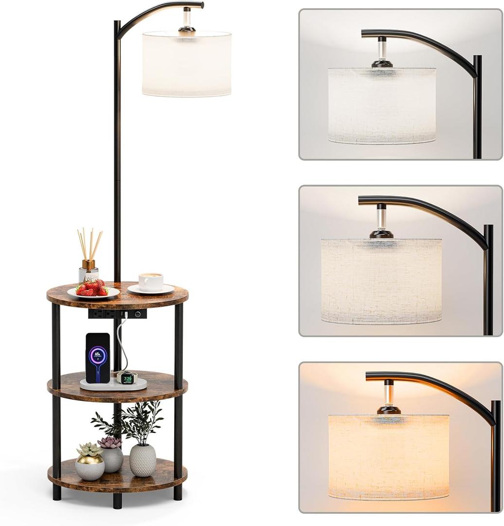 Round Side Table with Lamp and USB Ports, 3-Tier Small End Table for Living Room & Bedroom, Rustic Wood Metal Nightstand for Small Spaces, Easy to Assemble, Rustic Brown