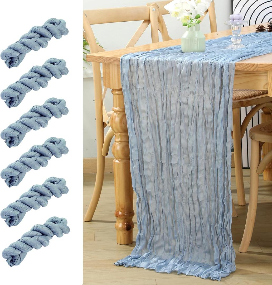 6 Pcs 10 FT Dusty Blue Cheesecloth Table Runner, 120 Inch Boho Cheese Cloth Table Runners for Bridal Shower Wedding Table Decor Baby Shower Decorations for Party