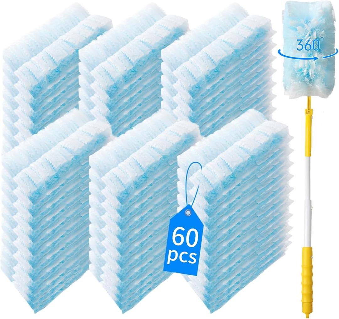 Senowi 60 Count 360 Heavy Duty Duster Refills Compatible with Swiffer, Large Size-Extra Thick Disposable Electrostatic Duster Refill with 1 Retractable Handle(35-inch Length Fully expanded) (Blue)