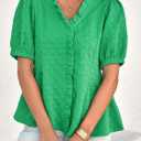 Cicy Bell Womens Peplum Puff Sleeve Tops Dressy Casual Summer Textured Blouses V Neck Ruffle Pleated Shirts Green (Green, M)