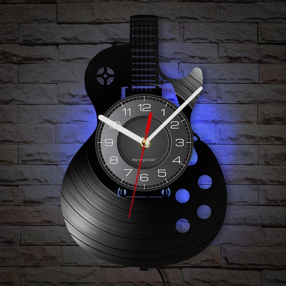 Acoustic Guitar 12" LED Vinyl Wall Clock 7 Colors Changing with Remote Control Musical Instrument Bedroom Wall Decor Vinyl Record Night Light Wall Clock Rock N Roll Music Gift for Men Cave, With Light
