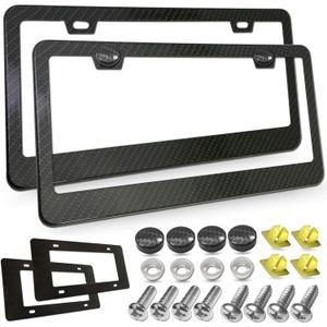 Carbon Fiber License Plate Frame- Black Aluminum Auto Car Tag Cover, 2 Pack Heavy Duty Holder for US Front and Rear Plate, with Mounting Hardware Kit- Screws Bolts, Inserts, Caps, Rattle Proof Pads