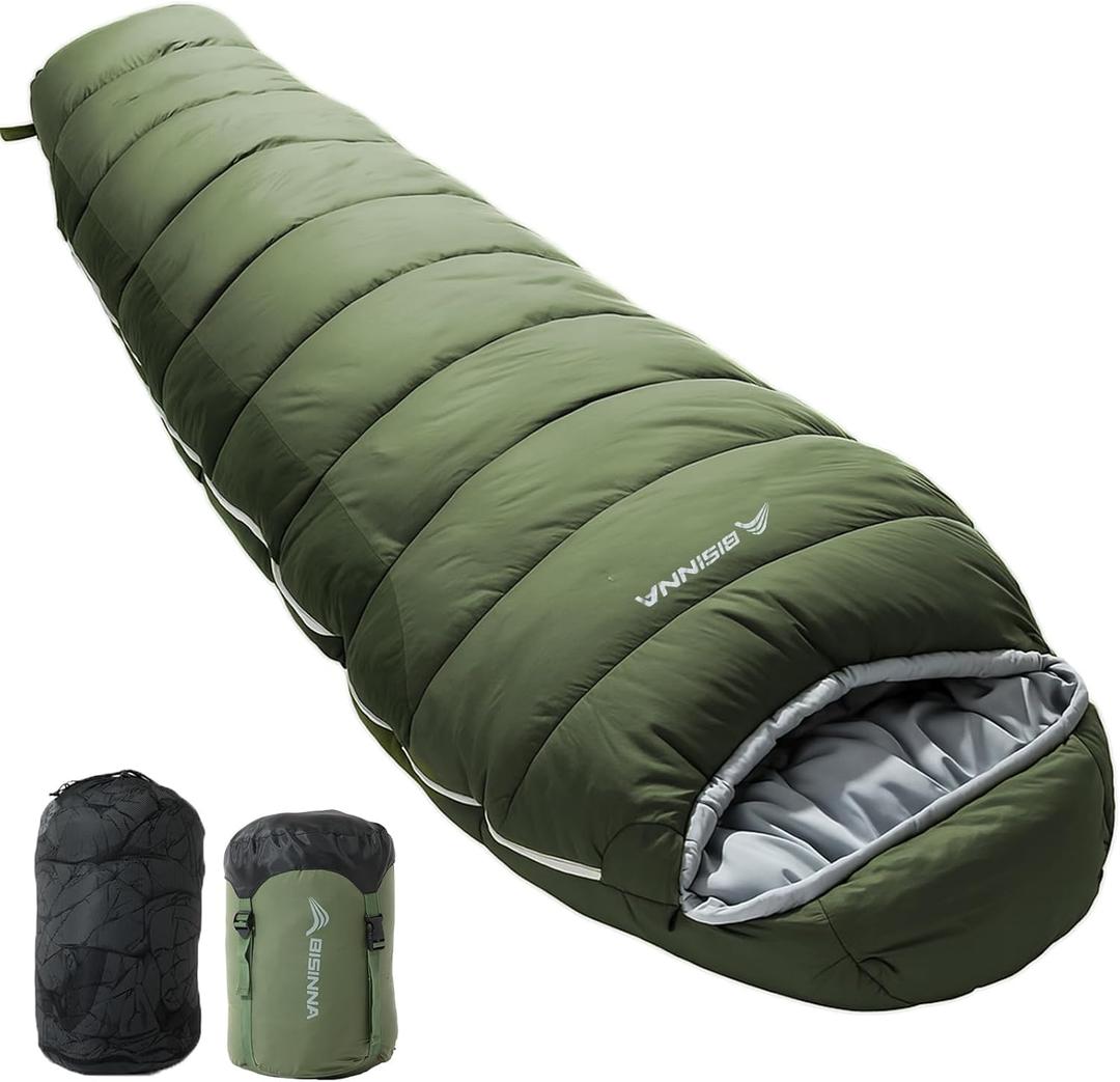 BISINNA Mummy Sleeping Bag for Adults 14-41 Cold Weather 3-4 Season Camping Sleeping Bags with Compression Sack for Backpacking Hiking Traveling (Green)