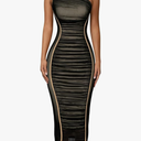 LAGSHIAN Women's Sexy Bodycon Cocktail One Shoulder Sleeveless Mesh Ruched Midi Party Dress, XL