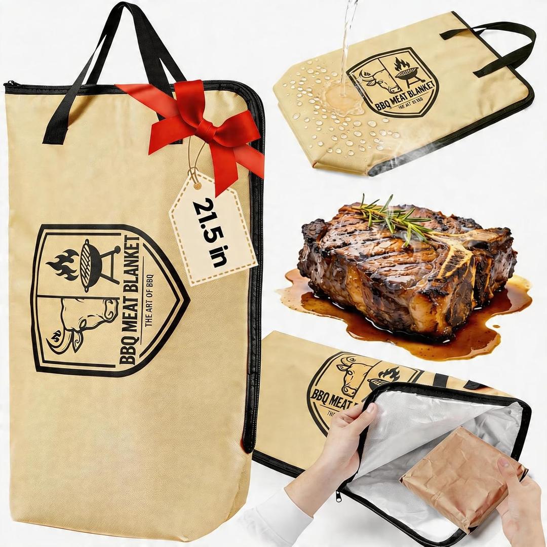 BBQ Blanket for Resting Meat, 21 Inch Meat Resting Bag with Wide Mouth Design for Brisket, Pork Shoulder & Turkey, Reusable 7-Layer Waterproof BBQ Meat Blanket, BBQ Gifts for Men (Khaki)