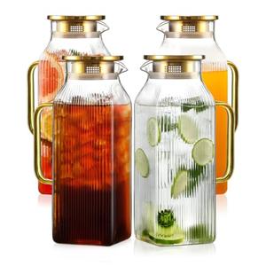 4 Pack 2 Liter/68 oz Square Glass Pitcher with Lid, Classic Stripes Water Pitchers with Handle for Fridge, Large Jug for Iced Tea, Coffee, Borosilicate Glass Carafe for Hot/Cold Brew Drink, Gold