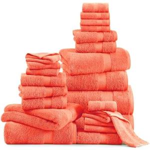 Lane Linen 100% Luxury Cotton Towel Set for Bathroom - 24 PCs - Absorbent, Super Soft & Quick Drying - 4 Bath, 4 Fingertip, 6 Hand Towels, 8 Washcloths, 2 Bath Sheets - Low Twist Towels - Living Coral