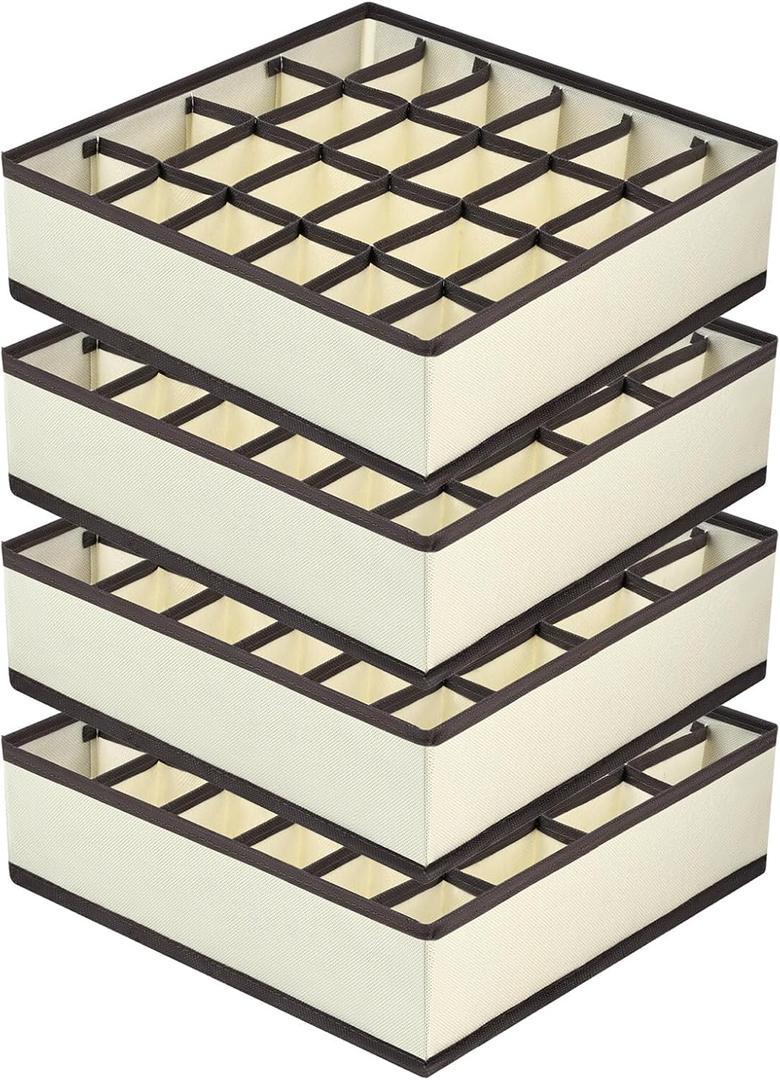 Joyoldelf Sock Drawer Organizer Divider Underwear Organizer 24-cell Fabric Dresser Drawer Organizers Storage Boxes for Socks Lingerie, Handkerchiefs, Ties 4 Pack (Beige)