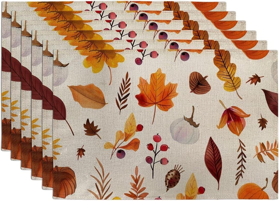 Autumn Leaves Placemats, Orange Botanical Place mats for Dining Table, Non-Slip Washable Indoor Outdoor Celebration Decorative Placemat Set of 6 (18x12 Inch (6PCS))