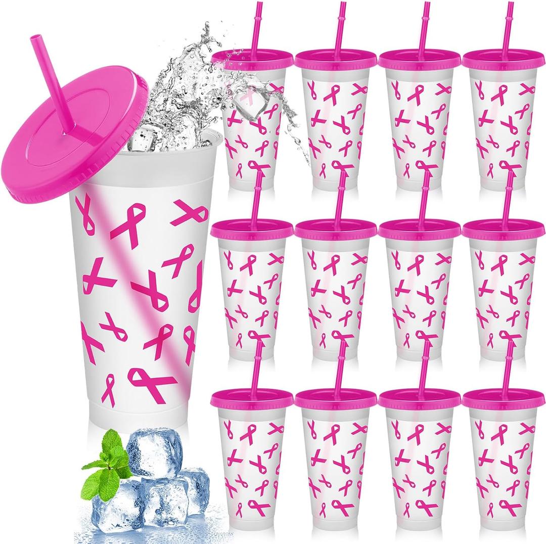 12 Pcs 24 oz Pink Disposable Pet Drinking Cups with Lid Pink Awareness Ribbon Disposable Straw for Christmas Dinner Anniversary Party Supplies Stuffers Gifts
