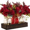 BLEUM CADE Centerpiece Table Decorations - Mason Jar Lights Centerpiece for Kitchen Dining Table Farmhouse Coffee Table Wedding Home Decor with 3 Jars Artificial Flowers & Wood Tray (Burgundy-dahlia)