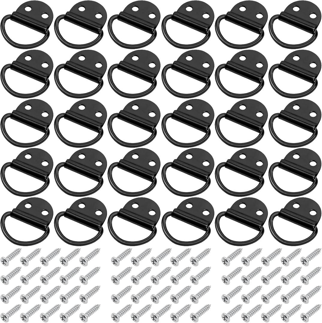 PALOZO 30 Pack Small Steel D-Ring Tie Downs Anchor Lashing Ring for Loads on Case Truck Cargo Trailers RV Boats with Screws, Black