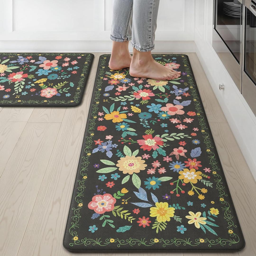 GENIMO Kitchen Mats for Floor 2PCS, Cushioned Kitchen Rugs Non Slip Washable, Farmhouse Anti Fatigue Mat Waterproof, Comfort Standing Mat Rug for Office, Home, Laundry, 17.3"x47"+17.3"x30", Black