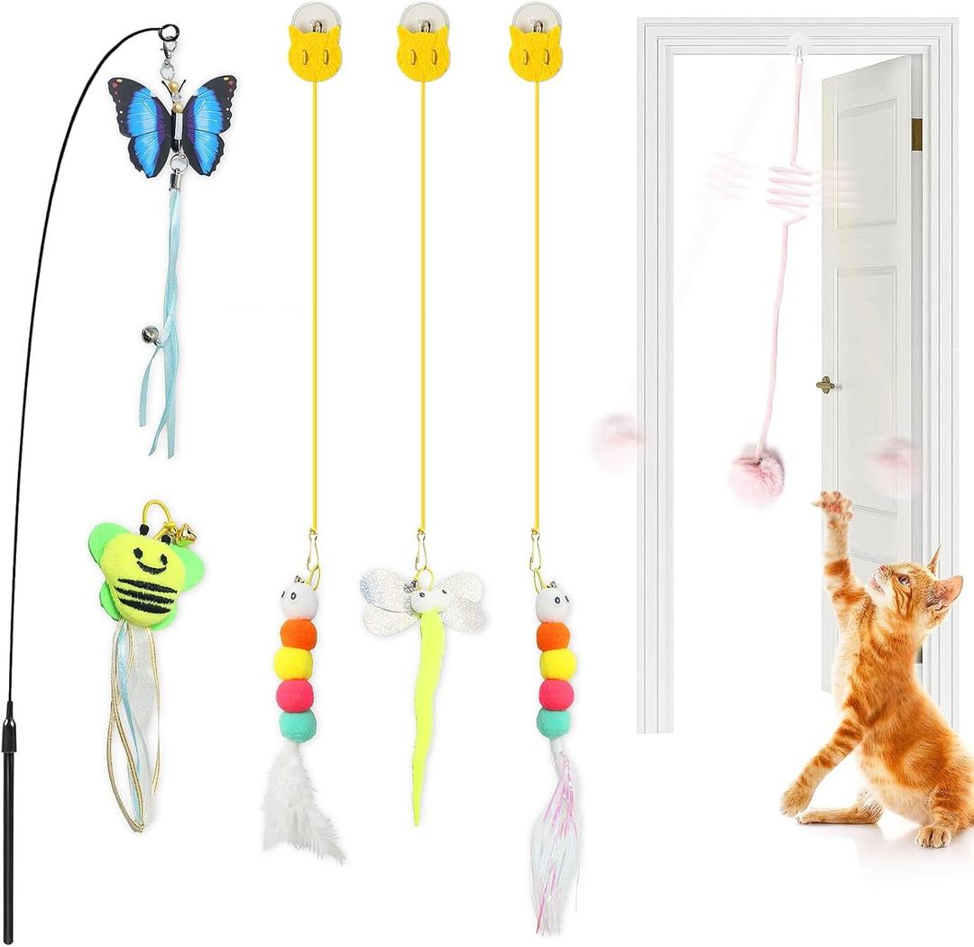 Cat Toys 6Pcs with Interactive Wand & Hanging Door Toys  Interactive Cat Feather Toy for Indoor Cats, Bored Cats  Includes Bells, Replaceable Heads, Adjustable Elastic Rope