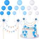 16 Pcs Happy Birthday Cake Topper Cake Bunting Topper Banner with Wood Pole Rainbow Garland with Bow Ribbon Balloon Cupcake Decor for Birthday Baby Shower (White,Light Blue,Dark Blue)