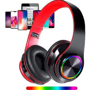 Wireless Bluetooth Headphones with Colorful LED Lights, Built-in Mic, Light Weight, Foldable, Wired HiFi Stereo Headphones for Classroom/Home Office/PC/Mobile Phone/Kids Adult (Black Red)