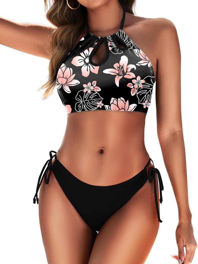 Women Two Piece Bathing Suit Color Block Swimsuit Floral Cutout Swimwear High Neck Halter Bikini Set (Large)