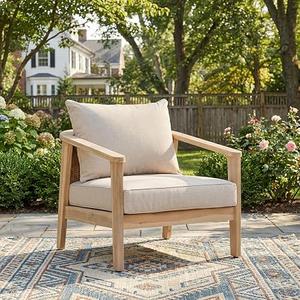 Merax 1 Piece Outdoor Acacia Wood and Wicker Club Chair, Light White Finish with Beige Cushion, Patio Garden Armchair | Light White Finish with Beige Cushion