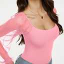 REORIA Women's 2025 Fall Casual Mesh Long Sleeve Square Neck Tops Trendy Cute Dressy Slim Fit Going Out T-Shirts (Pink, L)