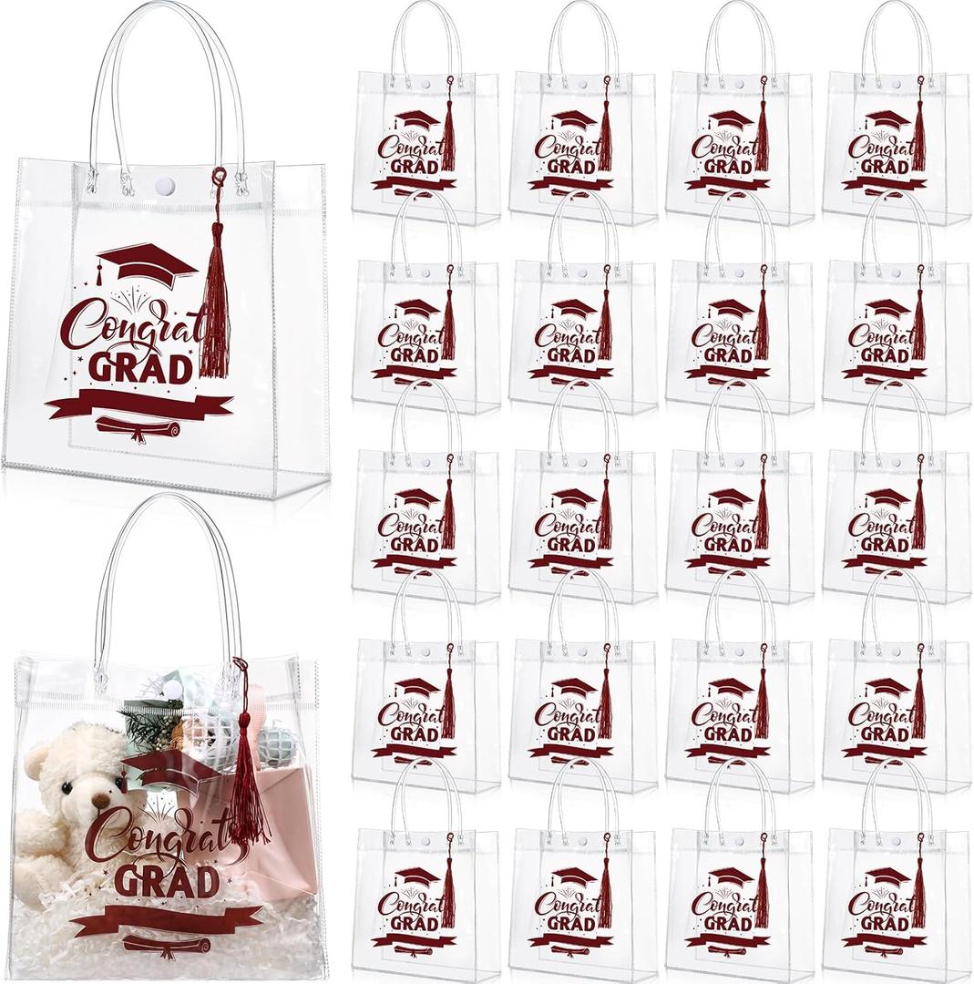 Sweetude 24 Pack 2026 Graduation Clear Gift Bags with Tassel Bulk, Congrats Grad Reusable PVC Treat Bags with Handles for Graduation Party Favors, High School College, 7.9 x 7.9 x 3.5 in (Burgundy)