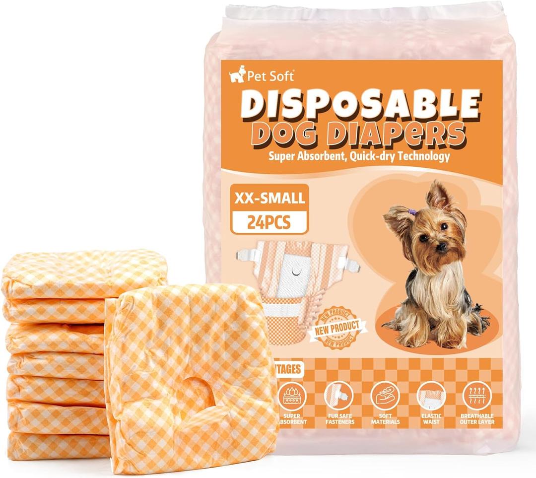 Pet Soft Female Dog Diapers - Disposable Puppy Diapers for Dogs & Cats, Ultra Absorbent Doggy in Heat Period or Urine Incontinence, 24pcs (XXS, Orange)