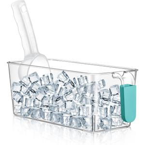 Havawish Ice Bin and Flexible Scoop Set Plastic Freezer Ice Bin with Pull out Handle Storage Bucket Clear for Container with Bucket Scoop(Blue, Clear,10.83 x 4.92 x 4.33 in,No Lid)